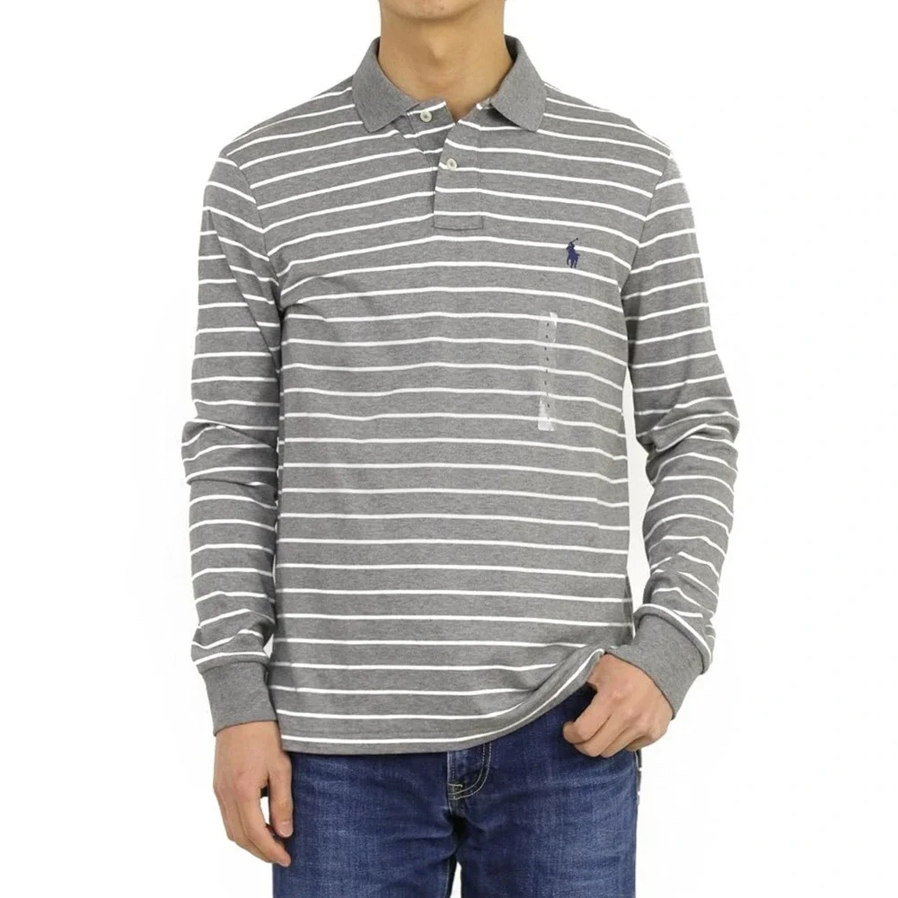 Polo by Ralph Lauren Mens Long Sleeve Gray White Stripe Polo Shirt Navy Logo XL